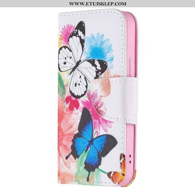 Etui Folio do iPhone 13 Mini Malowane Motyle I Kwiaty